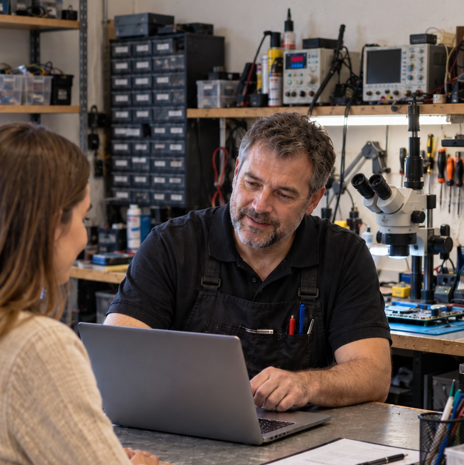 Technik serwisu naprawiający laptop przy stanowisku warsztatowym