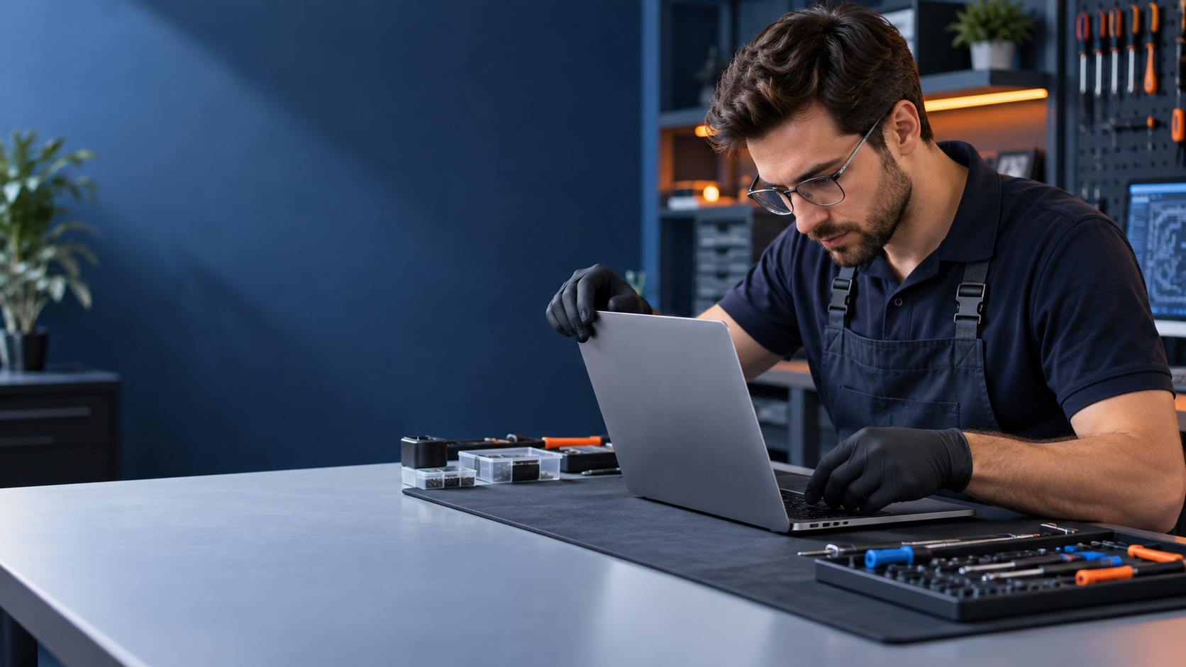 Technik diagnozuje laptop w serwisie
